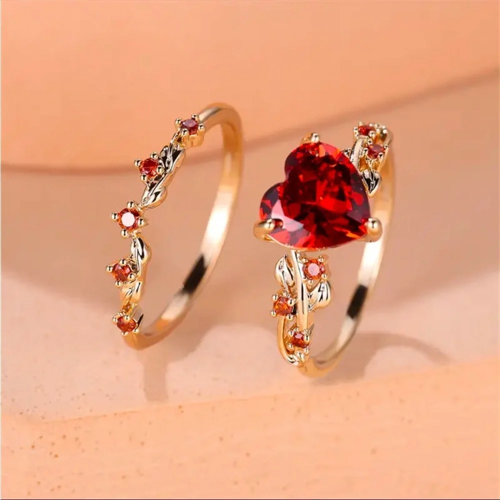 Red Heart CZ Ring Gold Tone Double Band Romantic Statement Ring NWT
